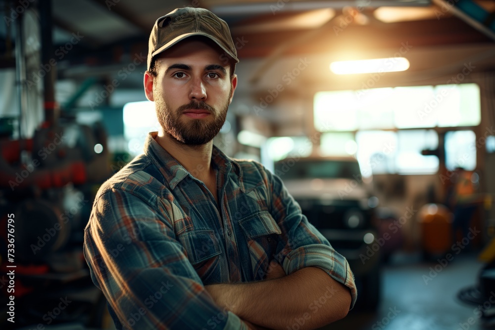 Skilled Male Auto Mechanic In Repair Shop Poses Confidently Skilled Male Auto Mechanic In Repair Shop Poses Confidently
