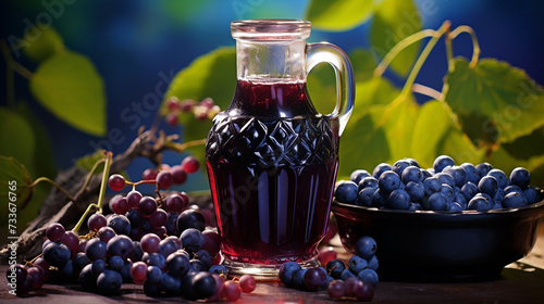 honeyberry juice in a glass flask sweet honeyberry with blurred green leaves background photo