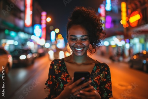 Smiling Young Woman Uses Her Smartphone On Vibrant City Street At Night