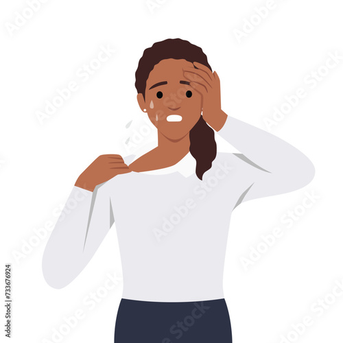 Woman suffering from heat and sweaty dehydration from strong sunlight pulling her shirt. Flat vector illustration isolated on white background