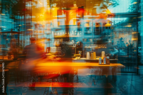 Vibrant  Bustling City Cafe With An Abstract  Blurred Backdrop And Empty Coffee Counter