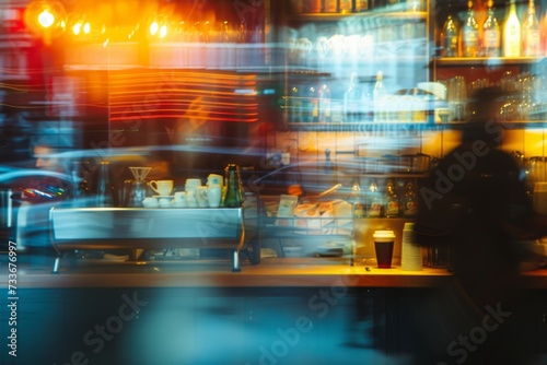 Dynamic Urban Cafe With Abstract Cityscape Background And Desolate Coffee Counter