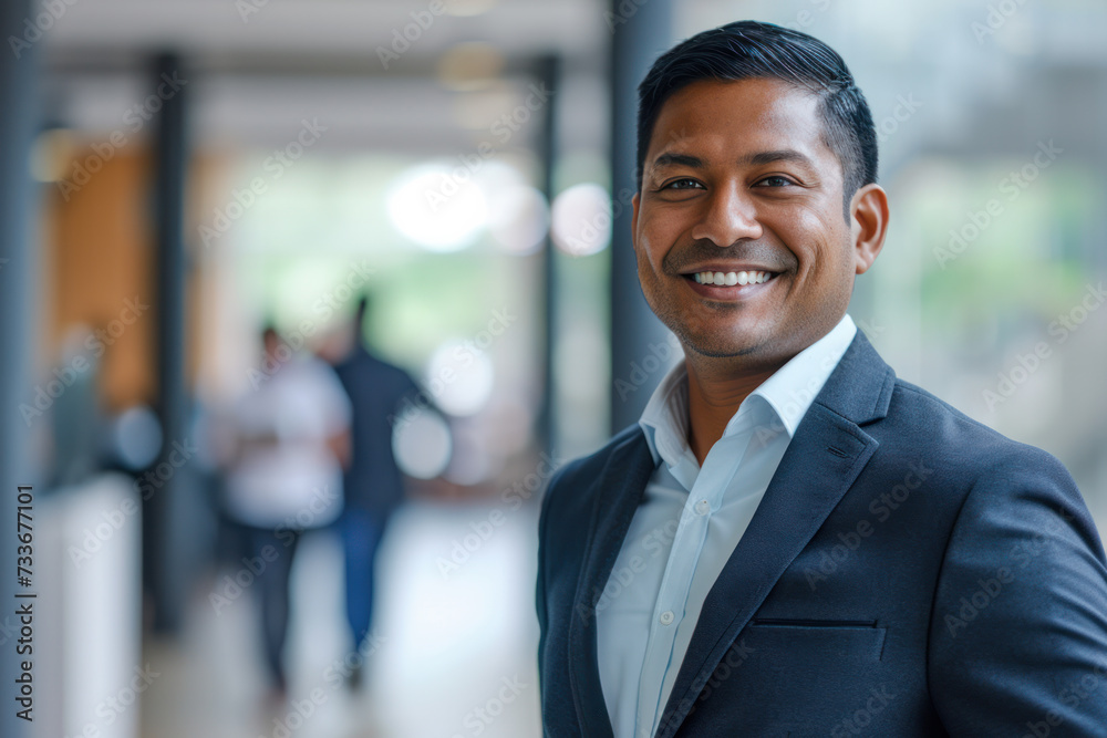 Confident businessman smiling in front of office colleagues. Professional leadership. Confident businessman smiling in front of office colleagues. Professional leadership.
