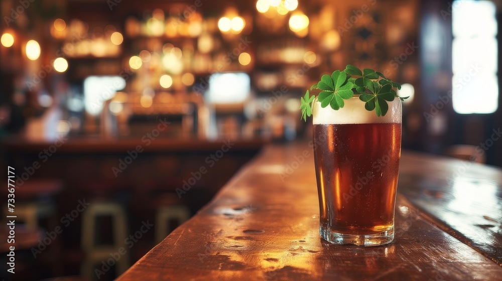 A pint of beer on a bar counter with a clover on top for St. Patricks Day. - obrazy, fototapety, plakaty 
