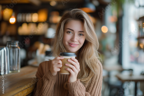 Portrait of beautiful young woman drinking coffee in cafe on weekend. Relaxation  lifestyle concept