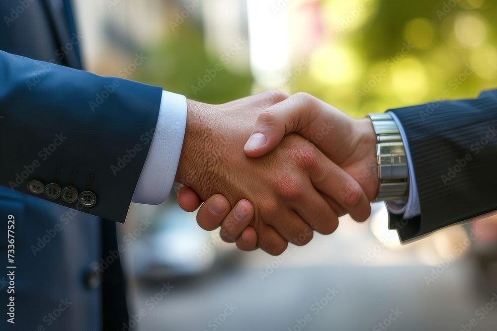 Successful Businessmen Celebrating Partnership with Handshake Outside Office Building on Sunny Day Successful Businessmen Celebrating Partnership with Handshake Outside Office Building on Sunny Day