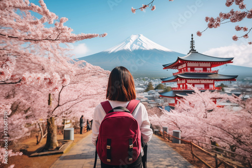 Traveler woman enjoying beautiful view of Mount Fuji with cherry blossom tree during spring season photo