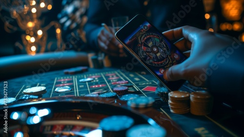 Blackjack player using smartphone to play online casino. Isolated on black background.
