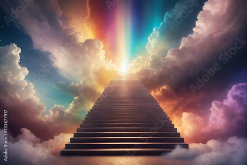 A mystical depiction of a celestial staircase ascending towards a radiant, divine light amidst ethereal clouds and a spectrum of cosmic colors