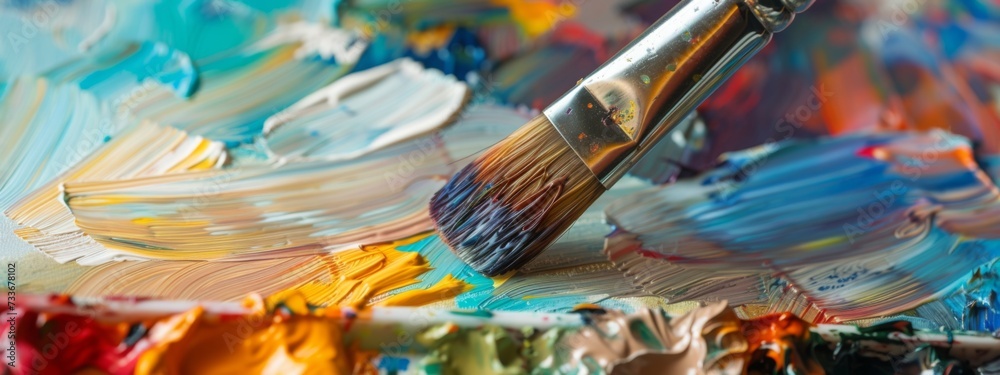 Palette and Paintbrush Banner: Vibrant Colors Bursting from the Canvas on a Light, Defocused Background, Infusing Positivity and Creativity with Ample Copyspace Palette and Paintbrush Banner: Vibrant Colors Bursting from the Canvas on a Light, Defocused Background, Infusing Positivity and Creativity with Ample Copyspace