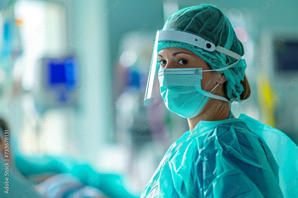 A doctor in a cap and mask stands over a patient's bed against the background of a hospital room A doctor in a cap and mask stands over a patient's bed against the background of a hospital room