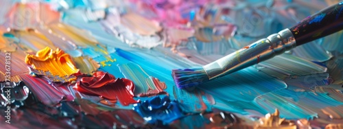 Palette and paintbrush with vivid colors displayed on a lightly defocused background, offering a positive and creative atmosphere with copious copy space - Concept of art and creativity
 photo