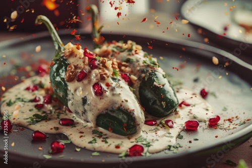 Mexican cuisine Chile en Nogada stuffed poblano chiles with creamy sauce, pomegranate seeds