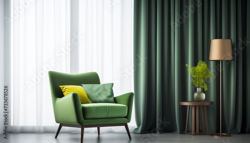 Contemporary Corner with Green Armchair, Floor Lamp, and Drapery in Modern Living Space