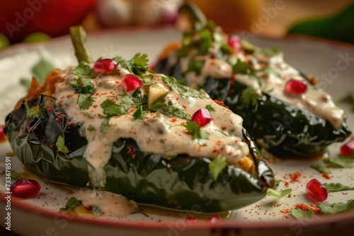 Mexican cuisine Chile en Nogada stuffed poblano chiles with creamy sauce, pomegranate seeds