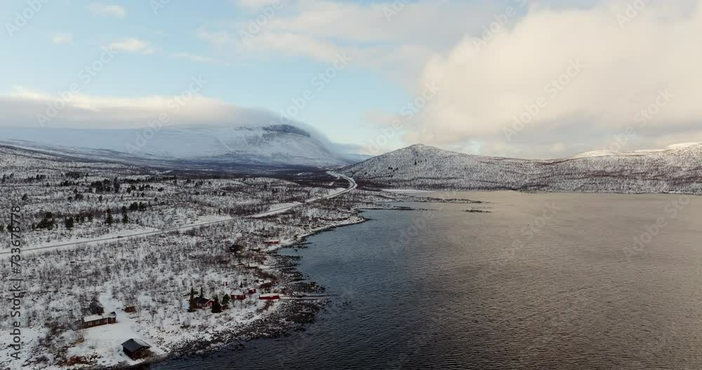 Aerial View of Snowy E10 Highway to Narvik, Norway Aerial View of Snowy E10 Highway to Narvik, Norway