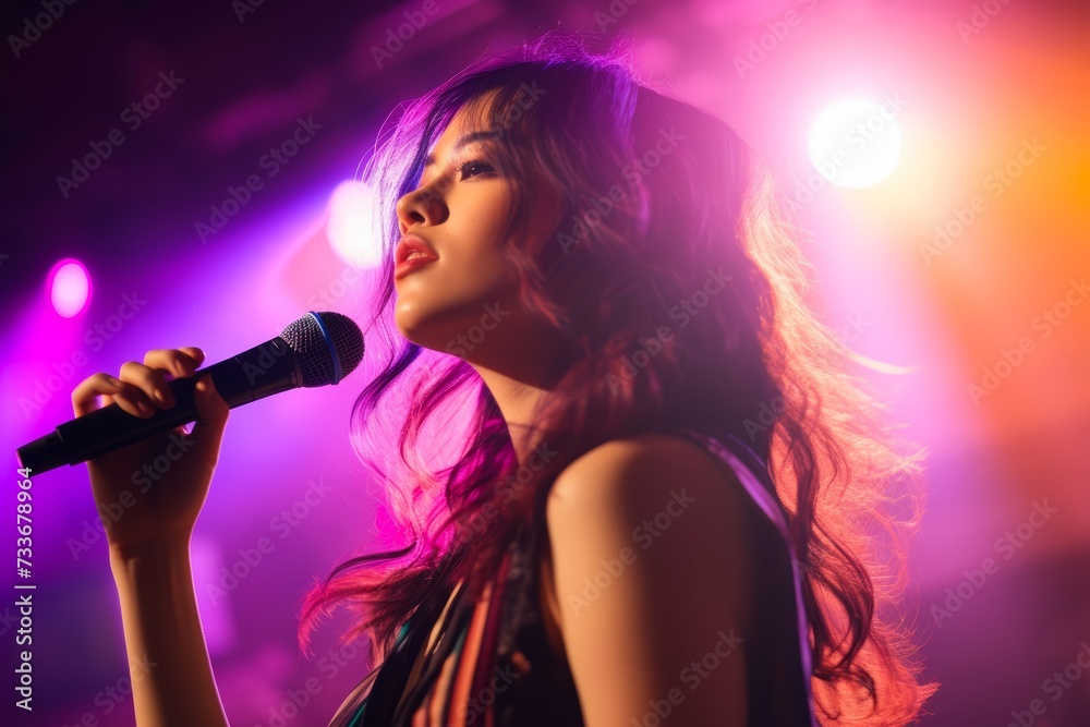 A 24-year-old female Japanese pop singer performing on a brightly lit stage at a music festival A 24-year-old female Japanese pop singer performing on a brightly lit stage at a music festival