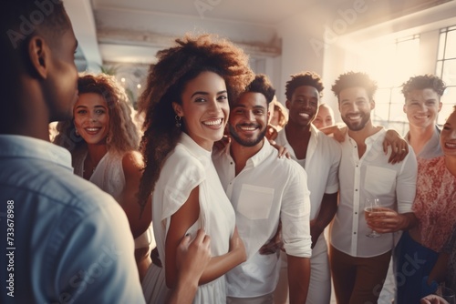 Joyful group celebrating in white attire