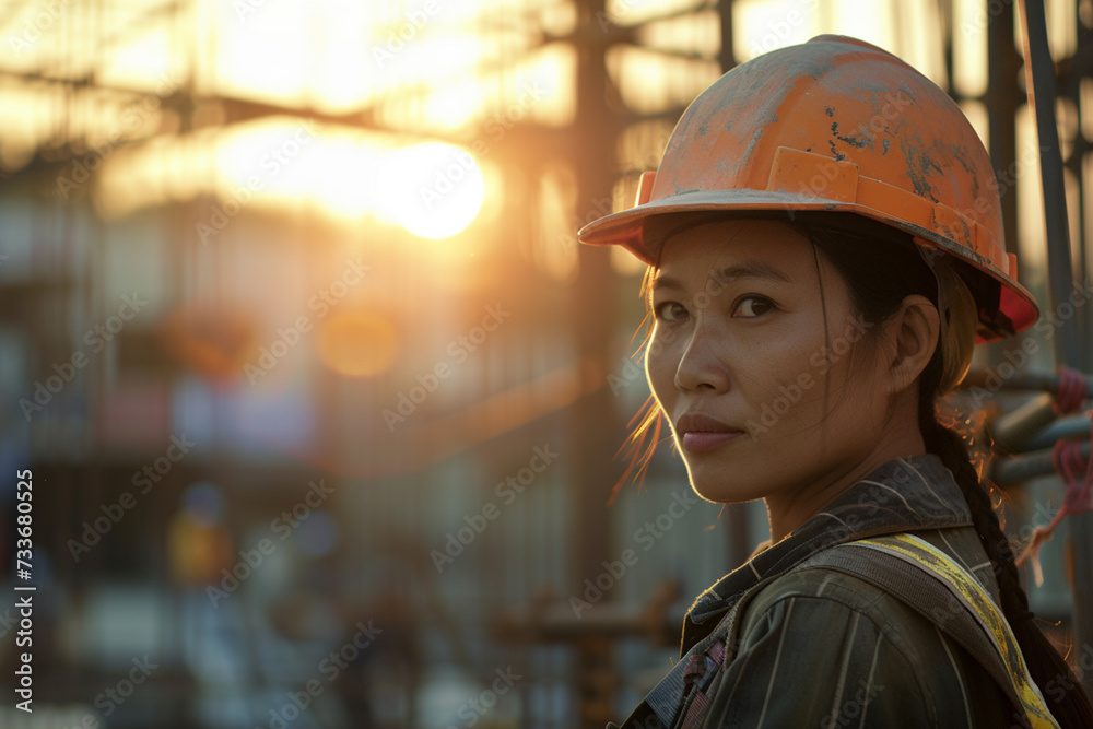 A woman Construction worker with hardhat ,Portrait Of Woman Architect On Construction Site A woman Construction worker with hardhat ,Portrait Of Woman Architect On Construction Site