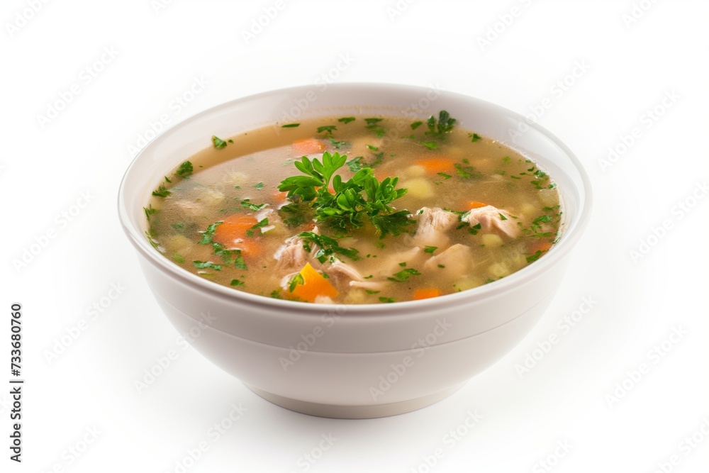 Chicken soup with parsley in a white bowl isolated on white background