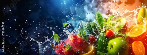 Vibrant smoothie splashing design featuring a healthy mix of fruits and vegetables, ideal as a background for banners with ample copy space - Concept of nutritious and refreshing beverages
 photo