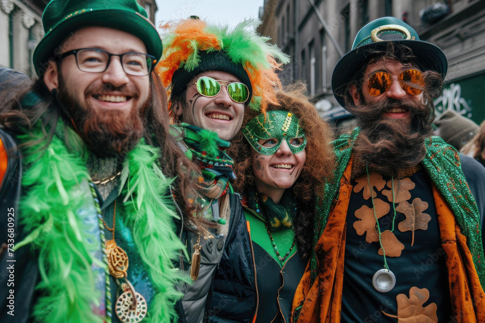 Group of friends in costumes celebrating St. Patrick's Day