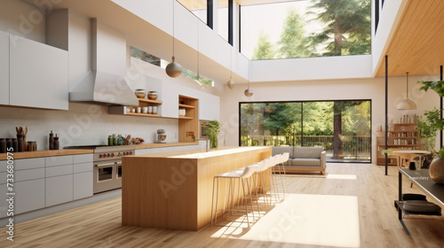 Kitchen interior in beautiful new luxury home in bright modern minimal style