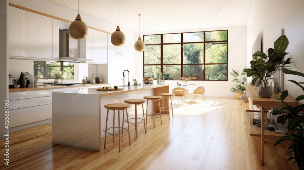 Kitchen interior in beautiful new luxury home in bright modern minimal style Kitchen interior in beautiful new luxury home in bright modern minimal style