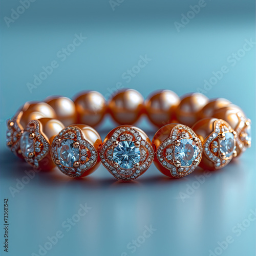 uxury brown pearl bracelet with elegant clear gemstone isolated on light blue background photo