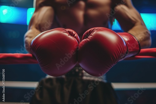Sports gear: Red boxing gloves for contact sport in ring © Е К