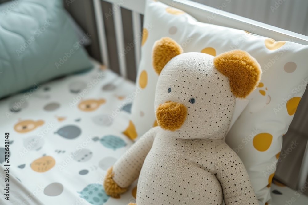 A teddy bear is sitting on a pillow in a crib