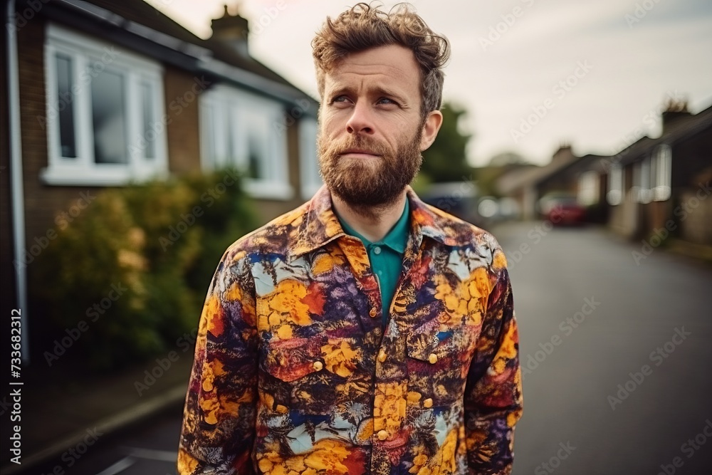 Portrait of a handsome hipster man with a beard, wearing a colorful jacket, standing in a residential area. Portrait of a handsome hipster man with a beard, wearing a colorful jacket, standing in a residential area.