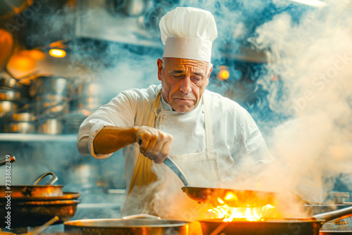 Chef Cooking Flambe Dish in Professional Kitchen.