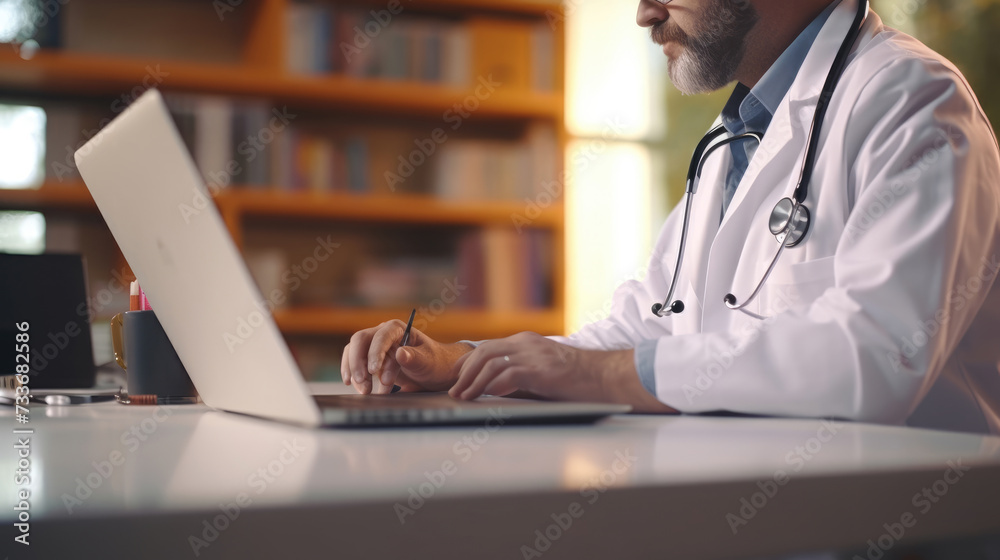 A doctor is using a laptop in a medical office A doctor is using a laptop in a medical office