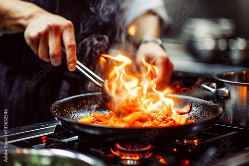 Chef Cooking Flambe Dish in Professional Kitchen.