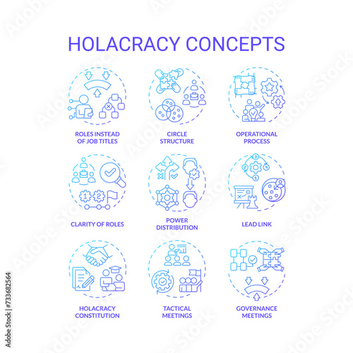 Holacracy structure blue gradient concept icons. Power distribution. Operational process, meetings. Icon pack. Vector images. Round shape illustrations for promotional material. Abstract idea
