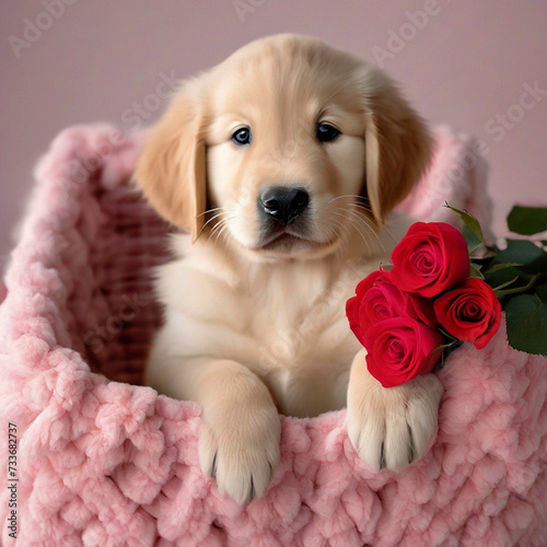 A Golden Retriever puppy with a red rose  photo