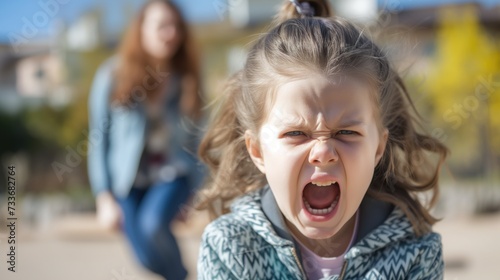 A little girl is screaming with her mouth open while a woman looks on