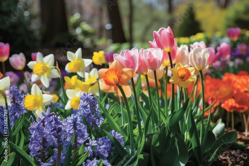 Fototapeta Naklejka Na Ścianę i Meble -  Vibrant Mix Of Tulips, Daffodils, And Hyacinths Adorns The Blossoming Spring Garden