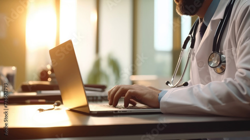 A doctor is using a laptop in a medical office