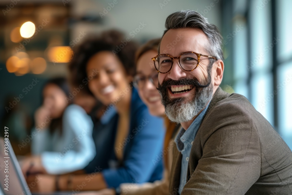 Businessman Smiling With Colleagues In Modern Workplace, Fostering Networking And Positive Morale Businessman Smiling With Colleagues In Modern Workplace, Fostering Networking And Positive Morale