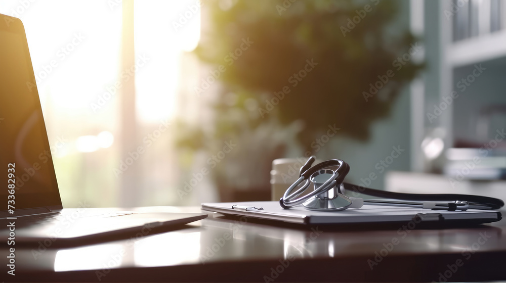 Obraz premium A doctor is using a laptop in a medical office