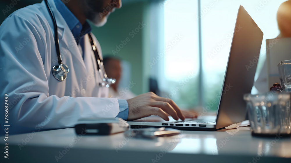 A doctor is using a laptop in a medical office A doctor is using a laptop in a medical office