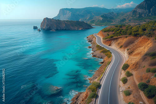Aerial view of road along the ocean, beautiful view, Travel background