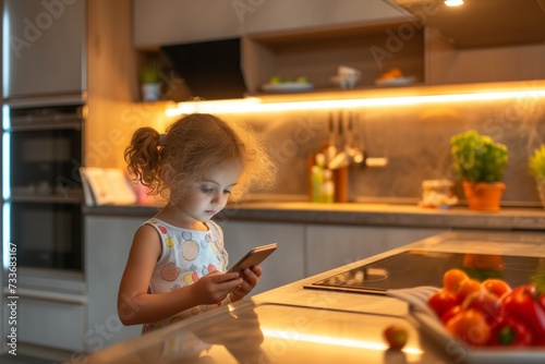 Child Using Smartphone In Modern Kitchen, Blending Family And Technology