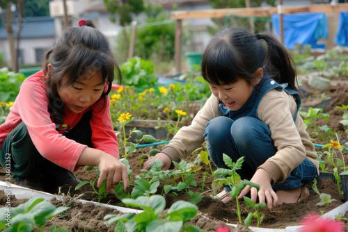 Kids at a community garden, Planting, and enjoying their labor as their garden flourishes 