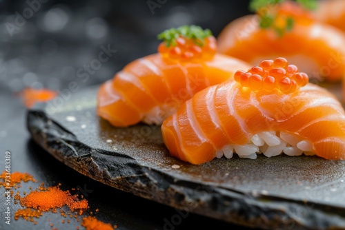 Appetizing Closeup Of Salmon Sushi With Roe On Stone Plate