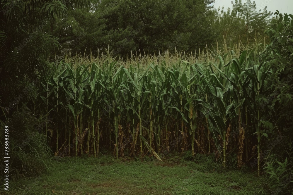 Towering Corn Cobs Amidst Vibrant Green Plantation Field Towering Corn Cobs Amidst Vibrant Green Plantation Field