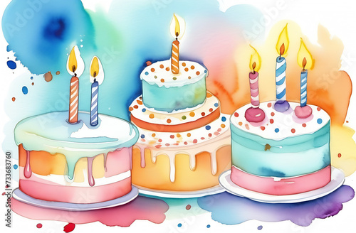 watercolor greetings card with space for text with birthday cakes