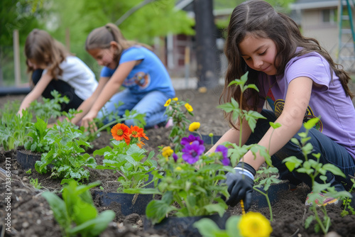 Kids at a community garden, Planting, and enjoying their labor as their garden flourishes 